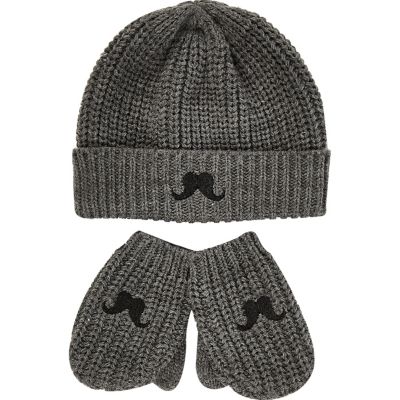 Mini boys grey moustache hat mittens set